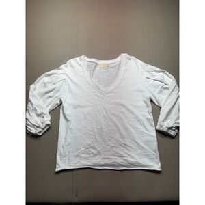 Nation LTD White Slub Cotton V-Neck Pleated Puff Sleeve Top XS